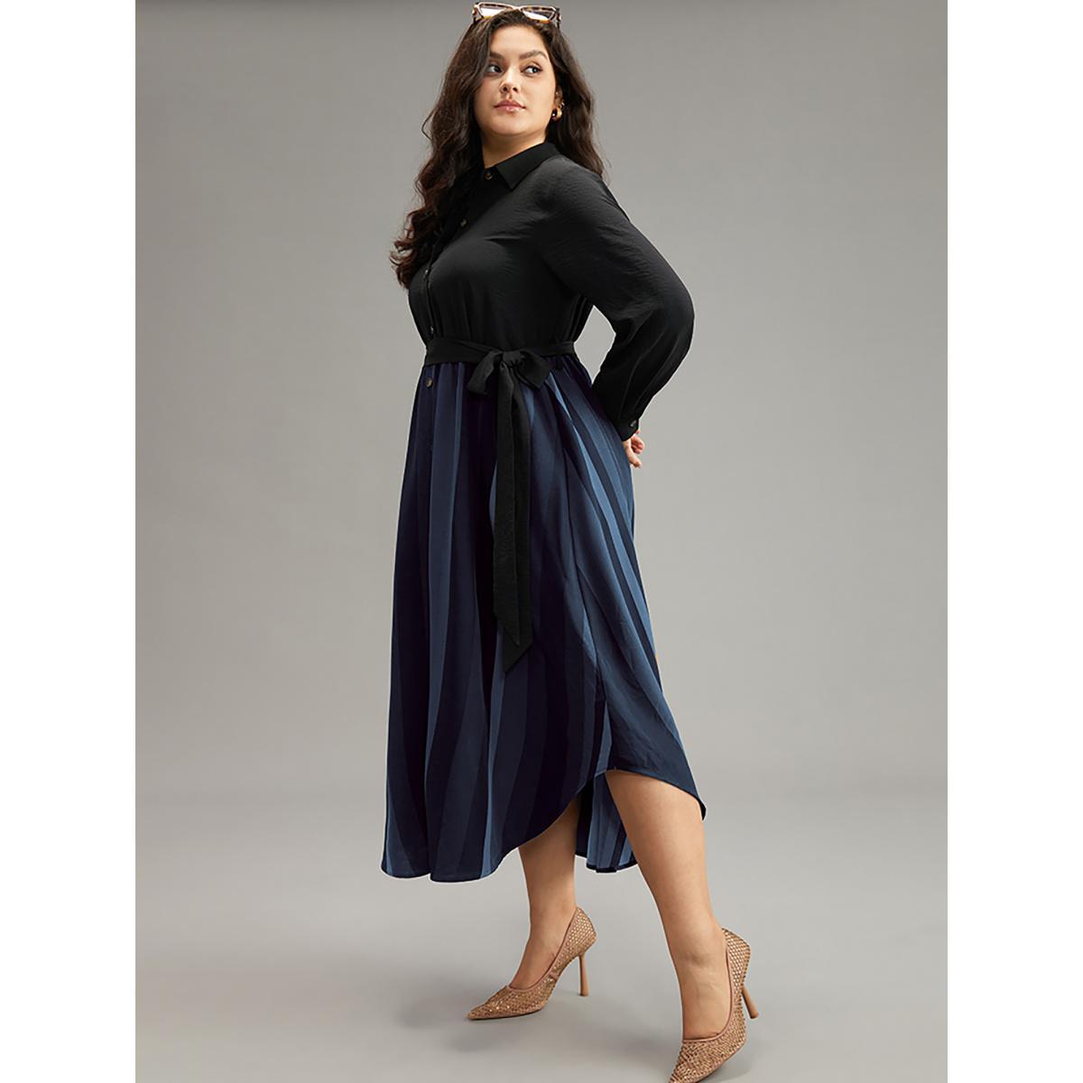 Plus Size Colour Striped Patchwork Belted Button Through Dress Midnight Women Office Belted Shirt collar Long Sleeve Curvy Midi Dress BloomChic 28/5X Product Image