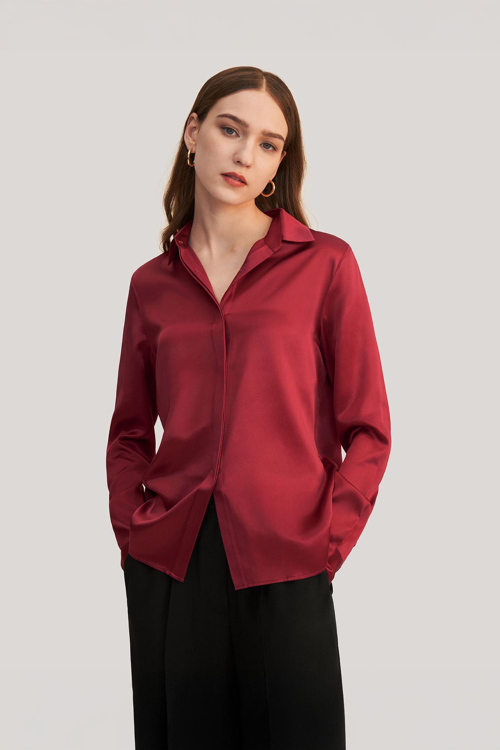 Basic Concealed Placket Silk Shirt Product Image