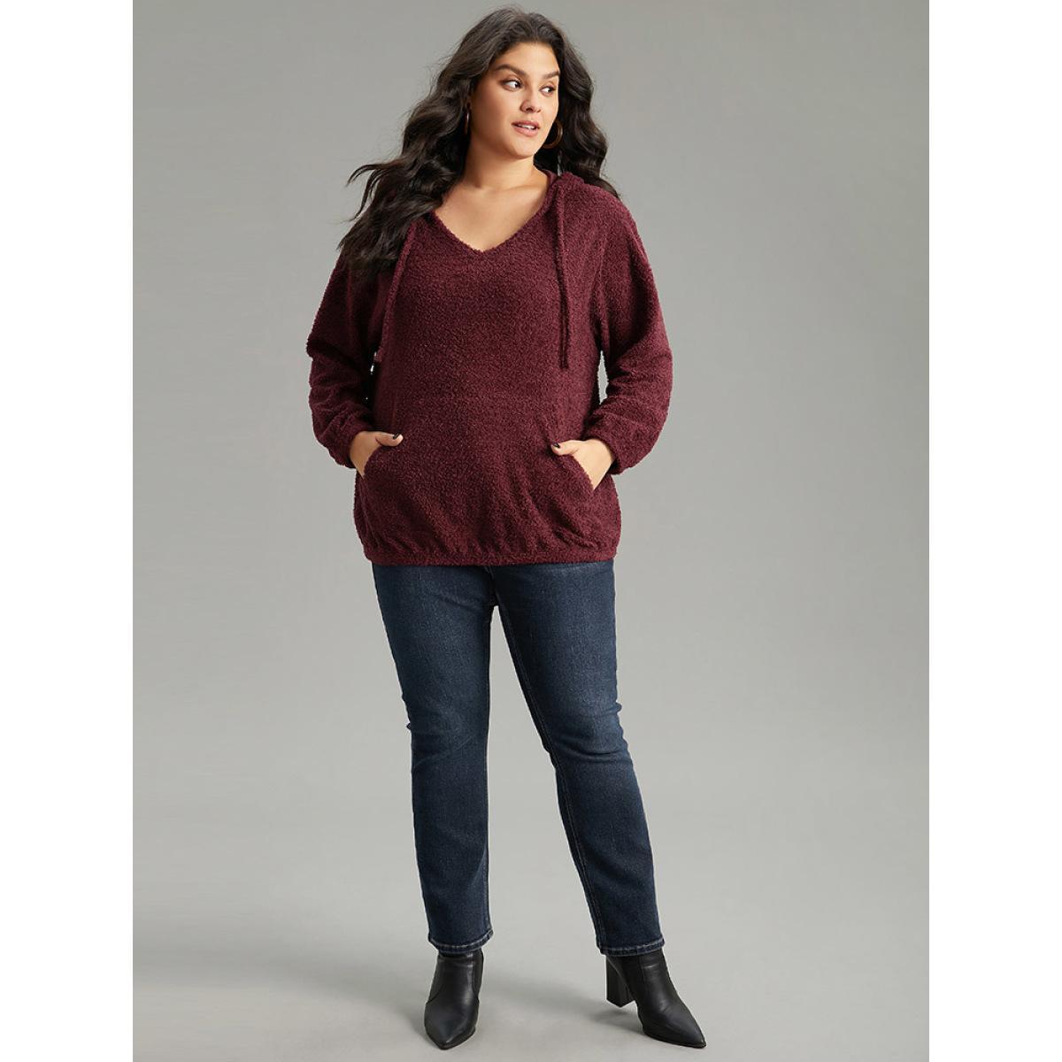Plus Size Fuzzy Solid Hooded Pocket Ties Sweatshirt Women Burgundy Casual Elastic cuffs Hooded Dailywear Sweatshirts BloomChic 12/L Product Image