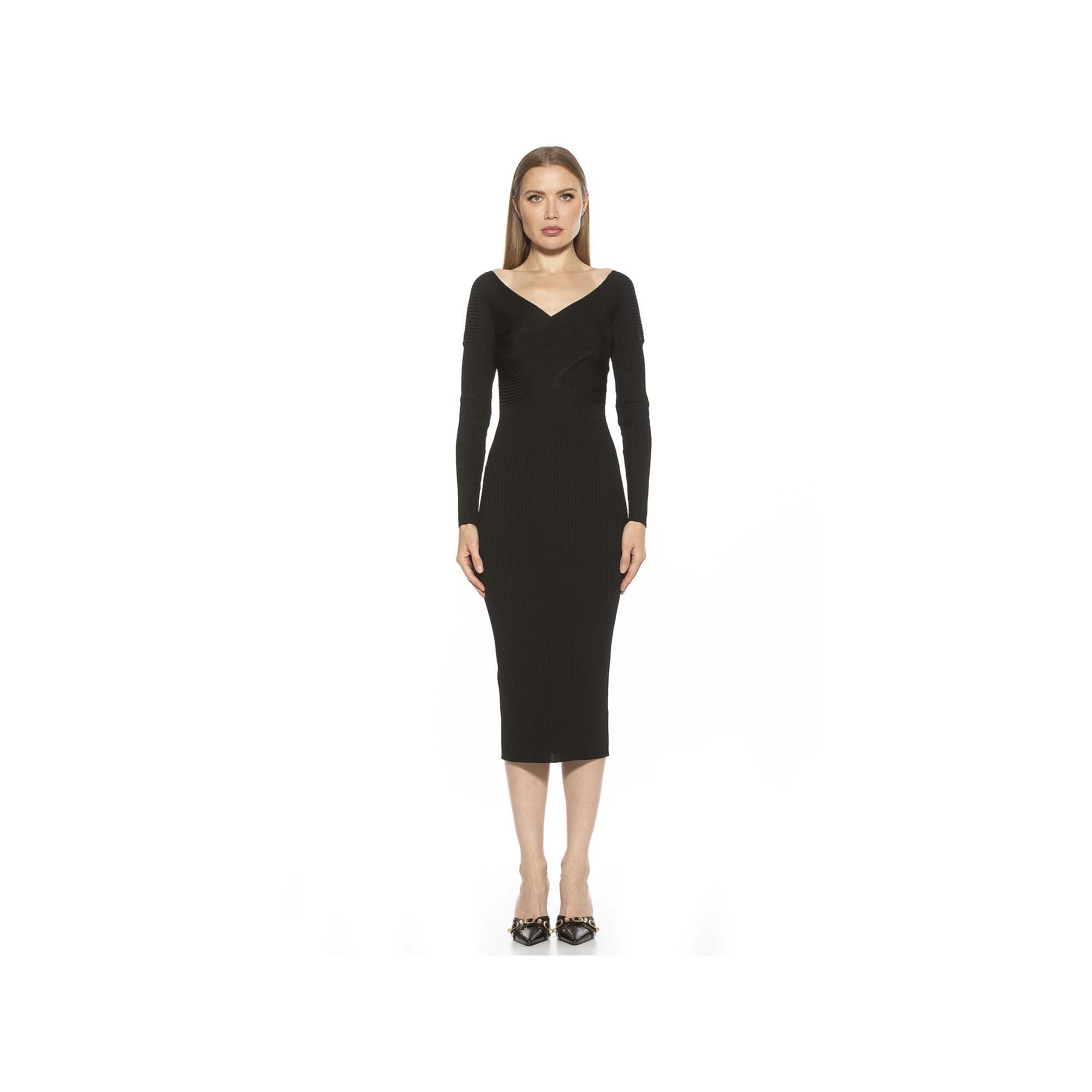 Women's ALEXIA ADMOR Christy Crossover Long Sleeve Ribbed Knit Dress, Size: Medium, Black Product Image