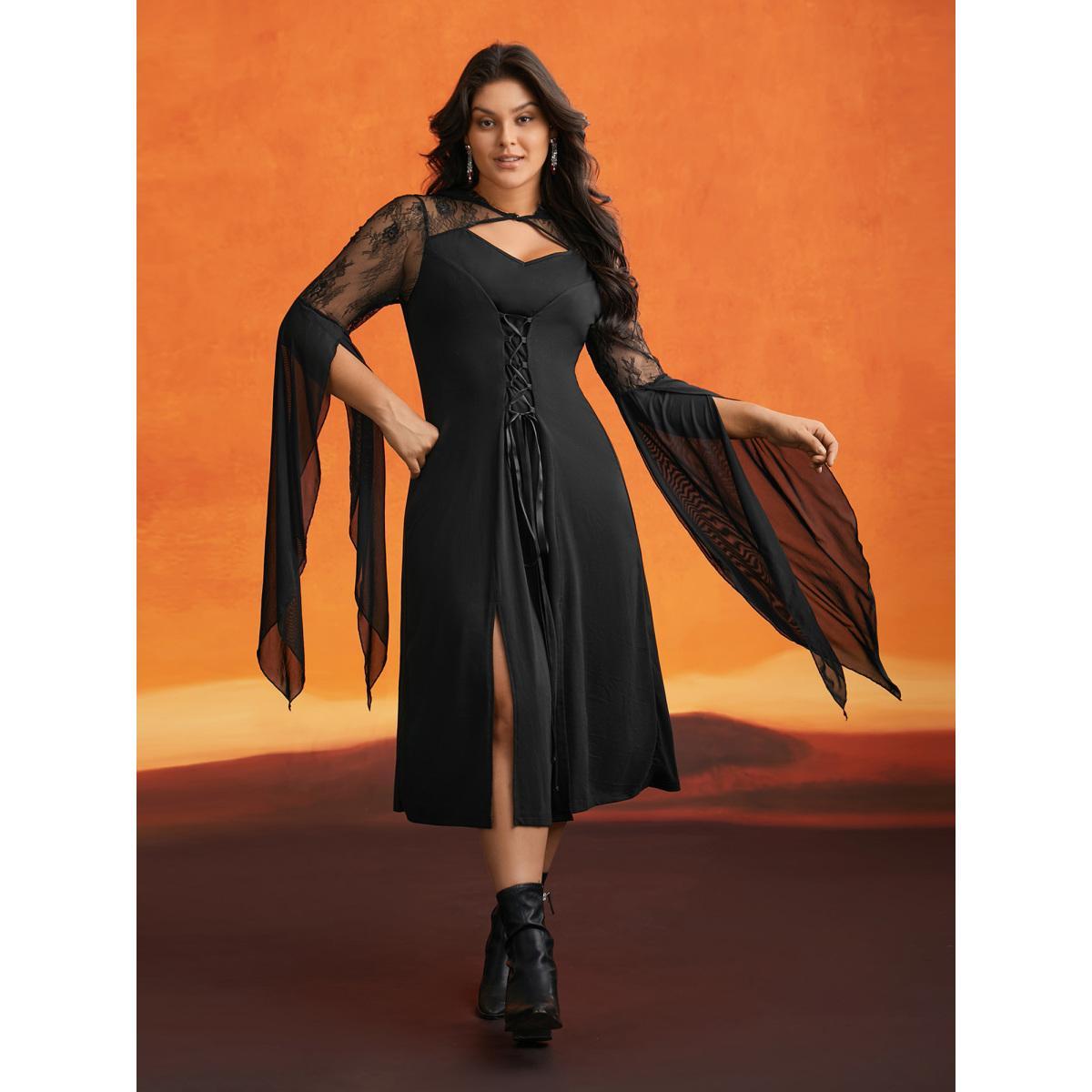 Plus Size Dark Spell Veiled Lace Midi Dress Black Women Cocktail Wraparound straps Round Neck Extra Long Sleeve Curvy BloomChic 28/5X Product Image