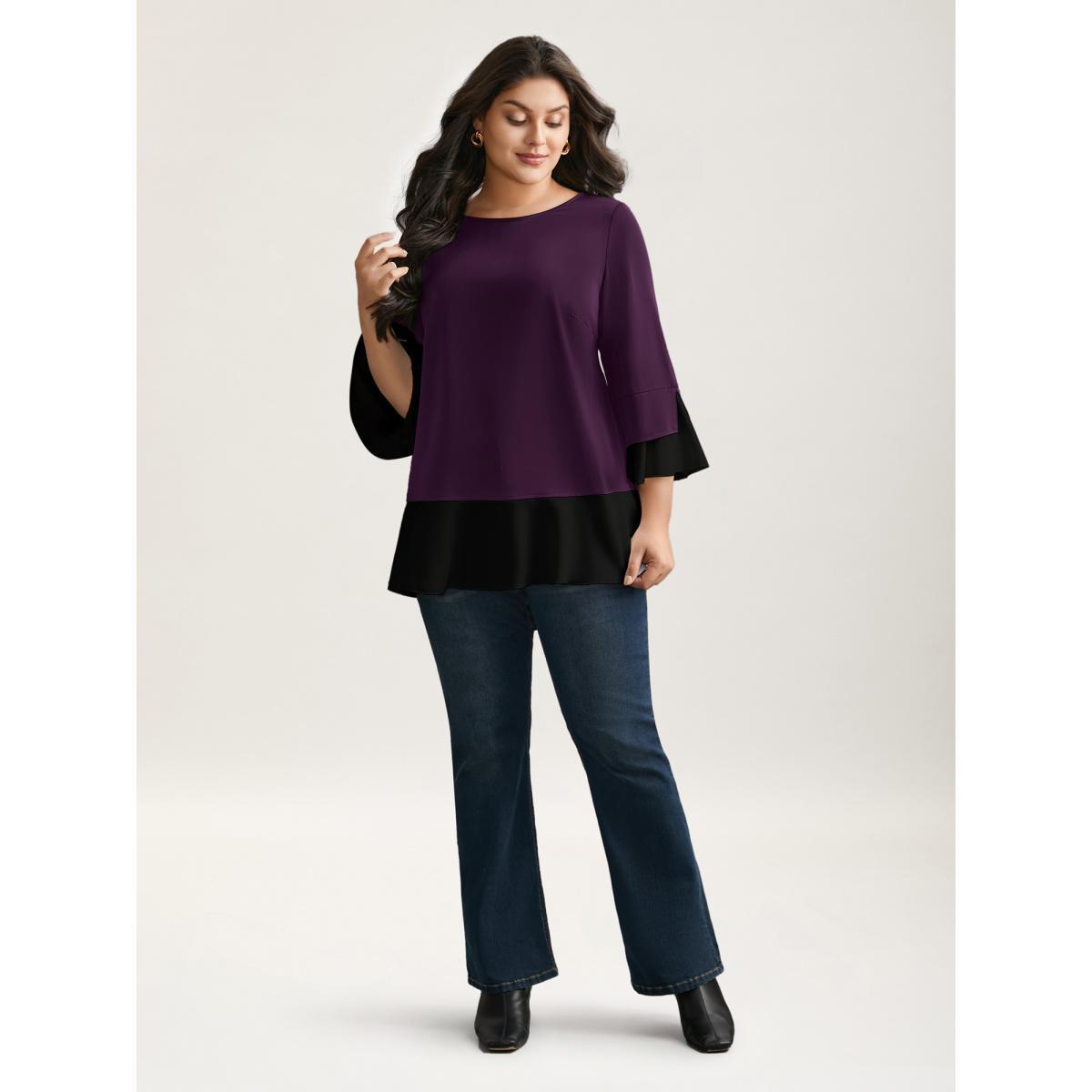 Plus Size Deeppurplered Contrast Patchwork Bell Sleeve Blouse Women Elegant Elbow-length sleeve Round Neck Everyday Blouses BloomChic 14-16/1X Product Image