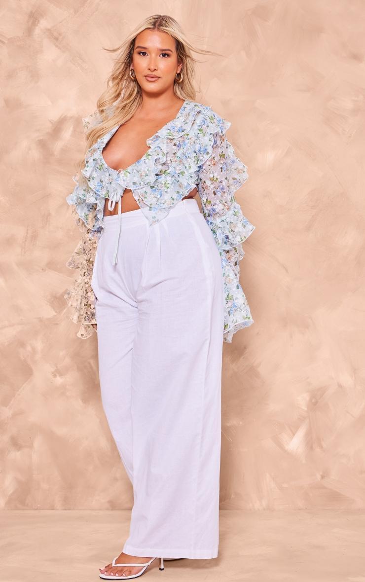 Plus Blue Floral Sheer Woven Ruffle Tie Crop Blouse Product Image