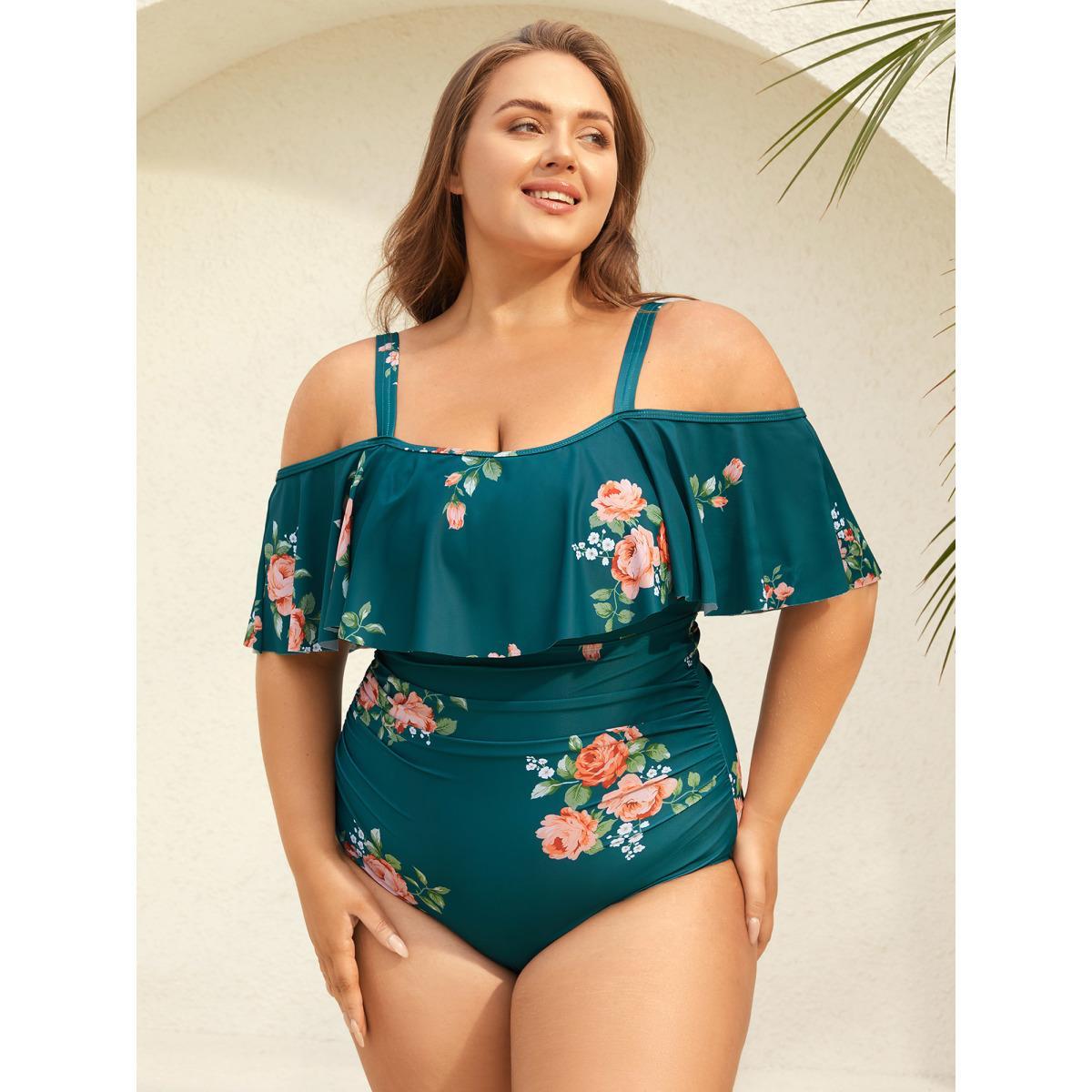 Plus Size Two-Piece Floral Ruffled Knotted One-Piece, Sarong Women's Swimwear Teal Beach Tie knot Curve Bathing Suits High stretch One Pieces BloomChic 28/5X Product Image