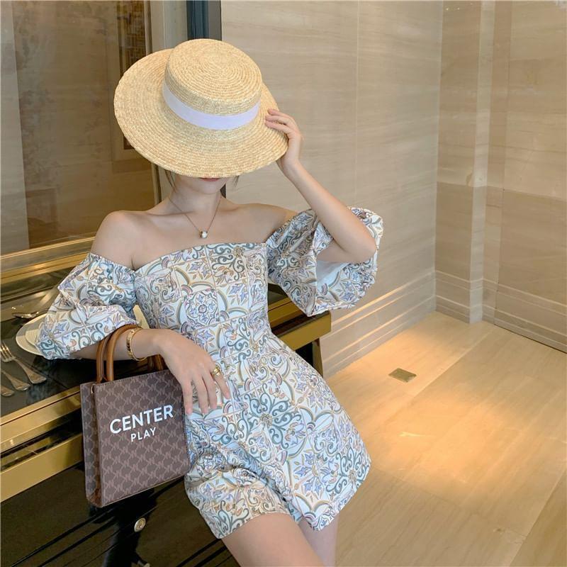 Puff-Sleeve Square Neck Floral Print Romper Product Image