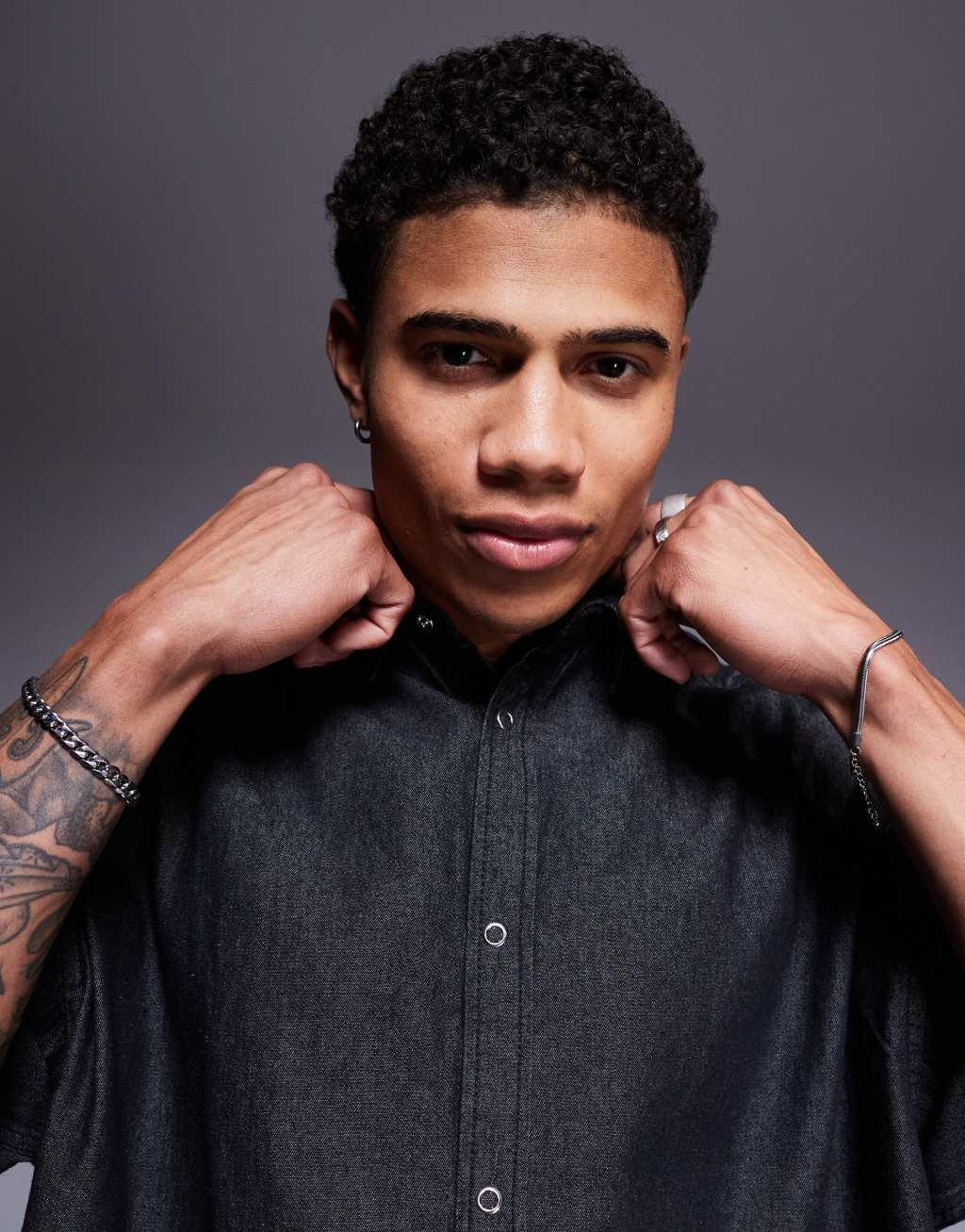 ASOS DESIGN boxy denim regular shirt in black Product Image