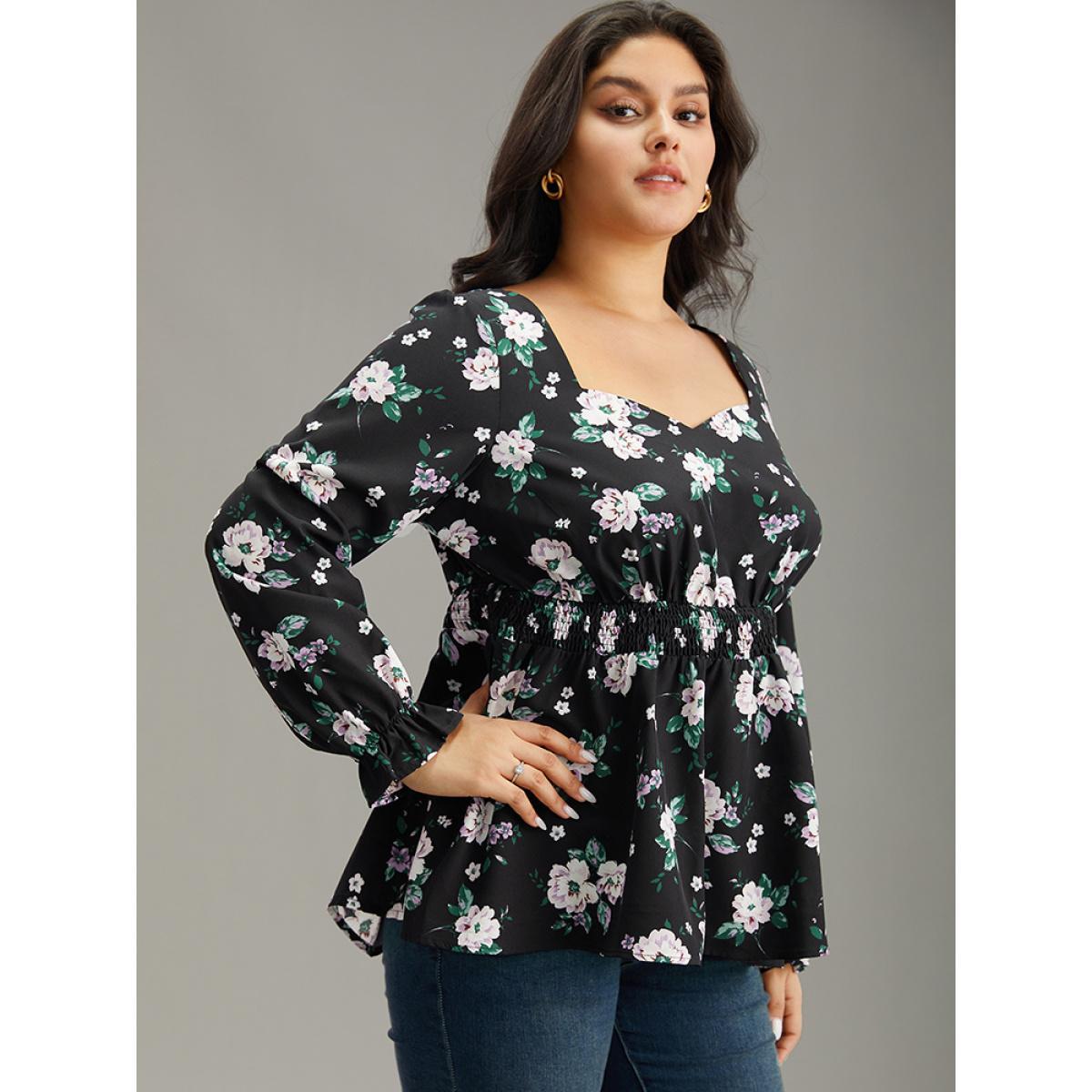 Plus Size Black Floral Square Neck Shirred Lantern Sleeve Blouse Women Elegant Long Sleeve Square Neck Dailywear Blouses BloomChic 12/L Product Image