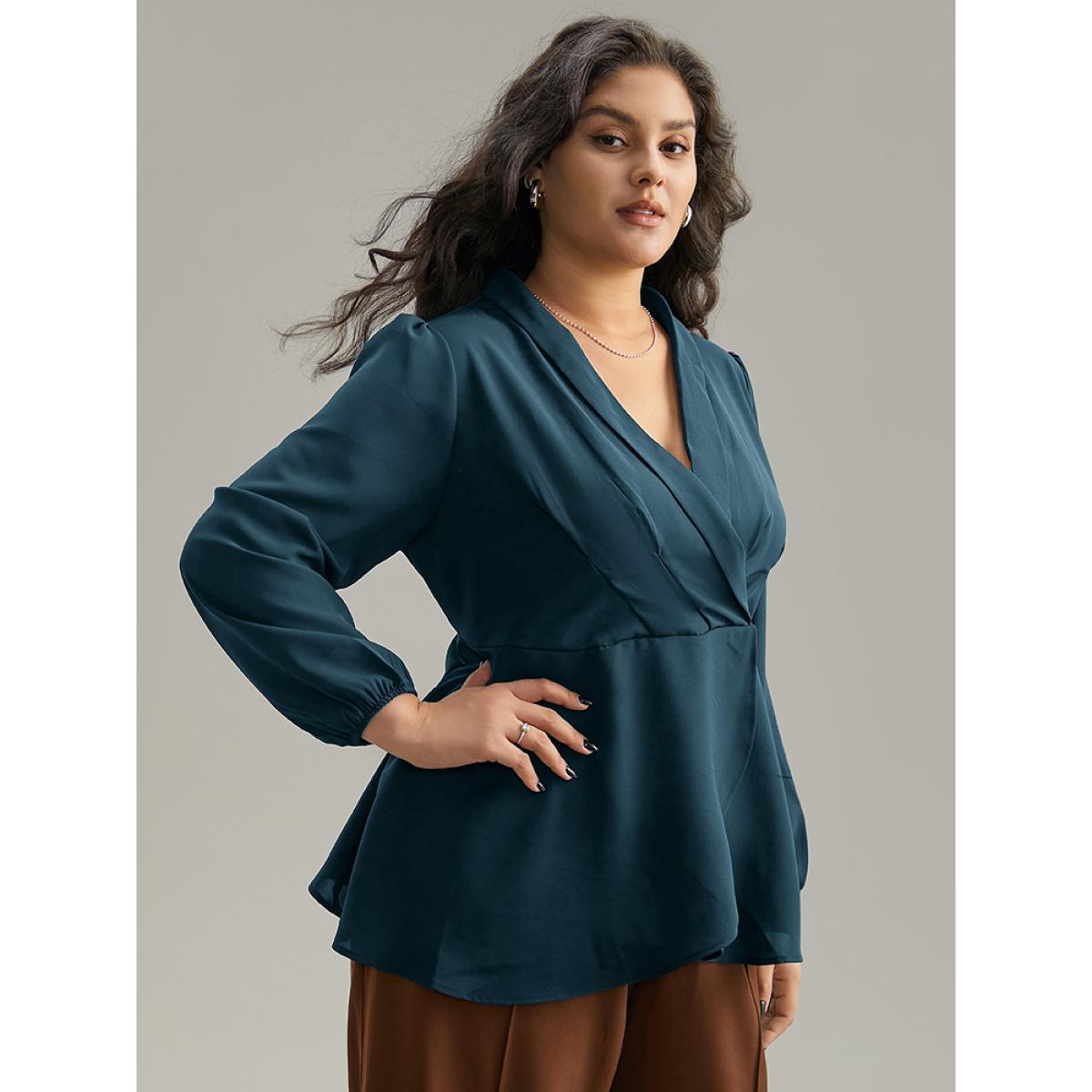 Plus Size Cyan Static-Free Plain Pleated Wrap Blouse Women Office Long Sleeve V-neck Dailywear Blouses BloomChic 26/4X Product Image