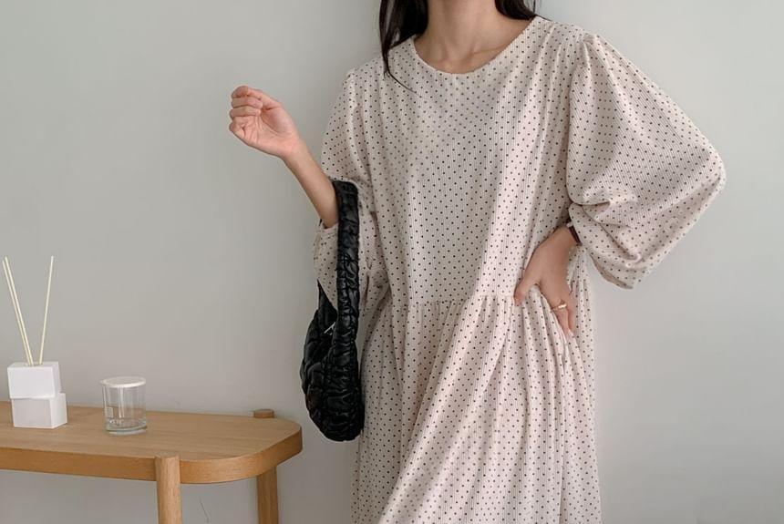 Long-Sleeve Dotted Corduroy Loose-Fit Midi Dress Product Image