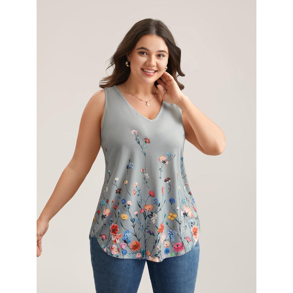 Plus Size Blooming Flowers Print Stretchy Vest Women DarkGray Elegant Non V-neck Everyday Tank Tops Camis BloomChic 22-24/3X Product Image