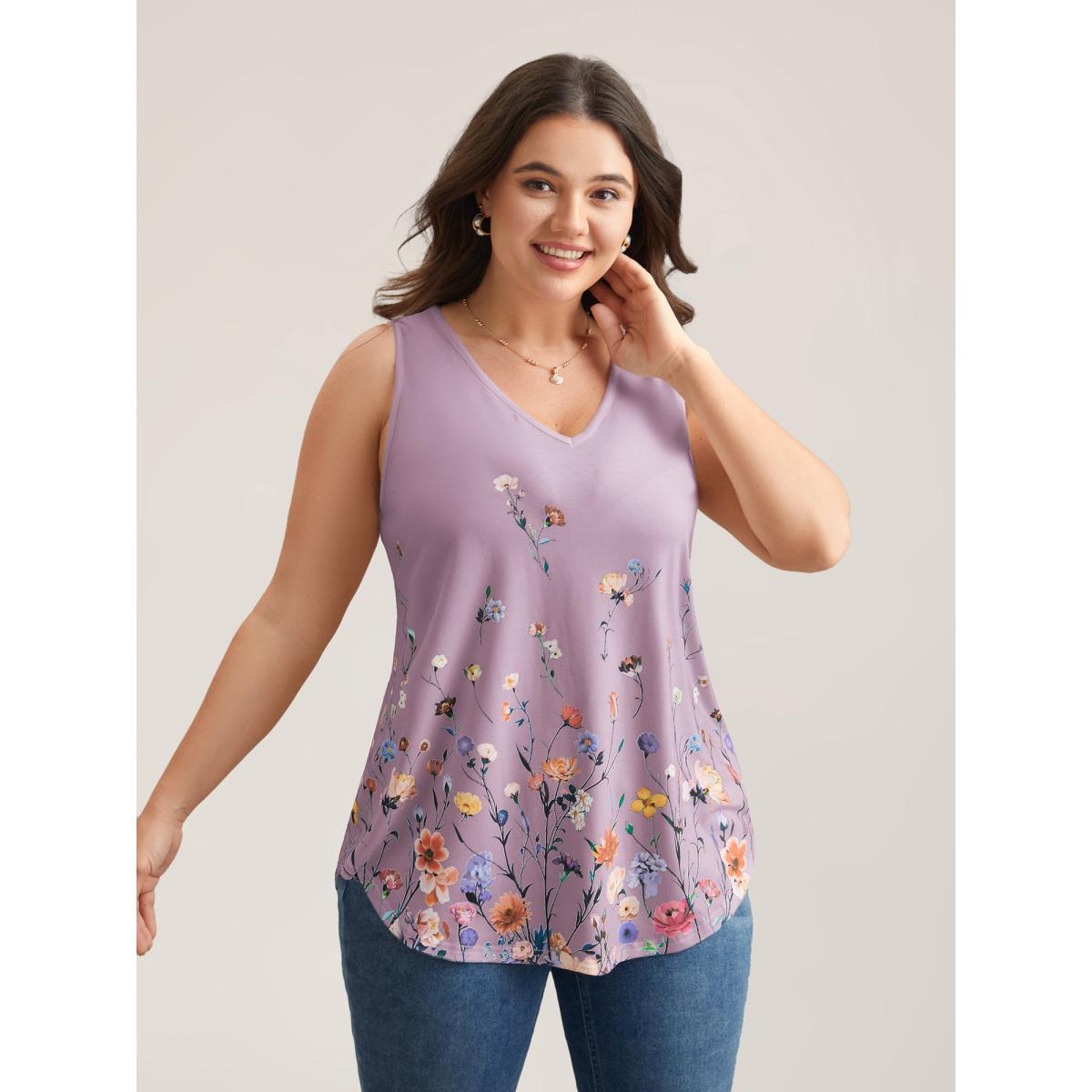 Plus Size Blooming Flowers Print Stretchy Vest Women Lilac Elegant Non V-neck Everyday Tank Tops Camis BloomChic 28/5X Product Image