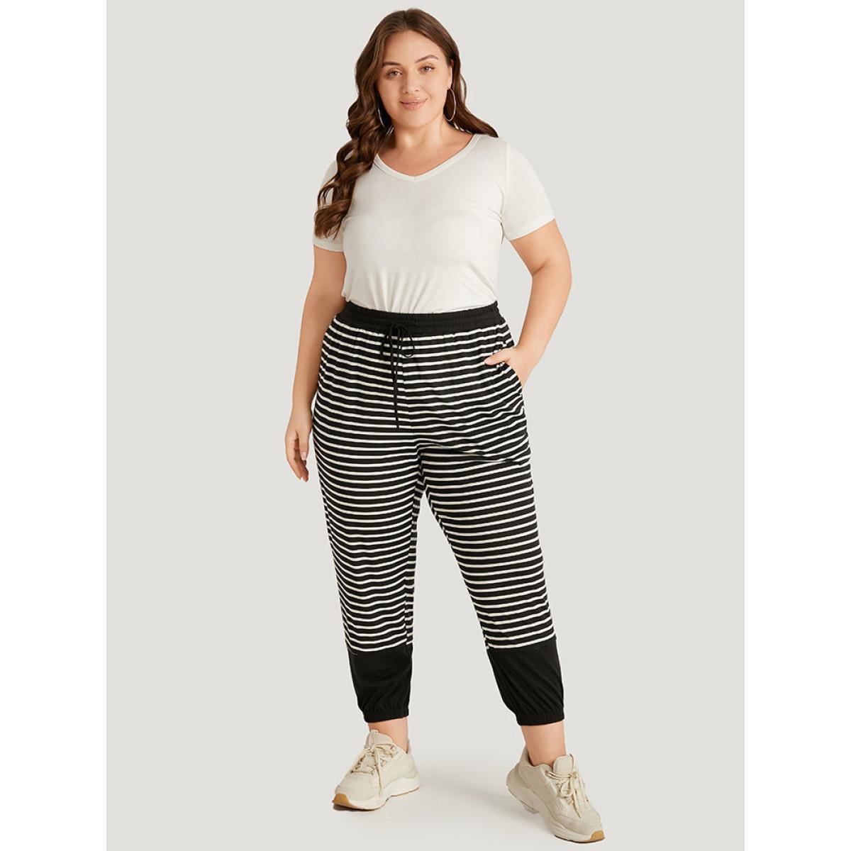 Striped Patchwork Elastic Waist Pocket Ties Sweatpants Black Plus Size Women Casual Dailywear Patchwork 14-16/1X Bloomchic Product Image