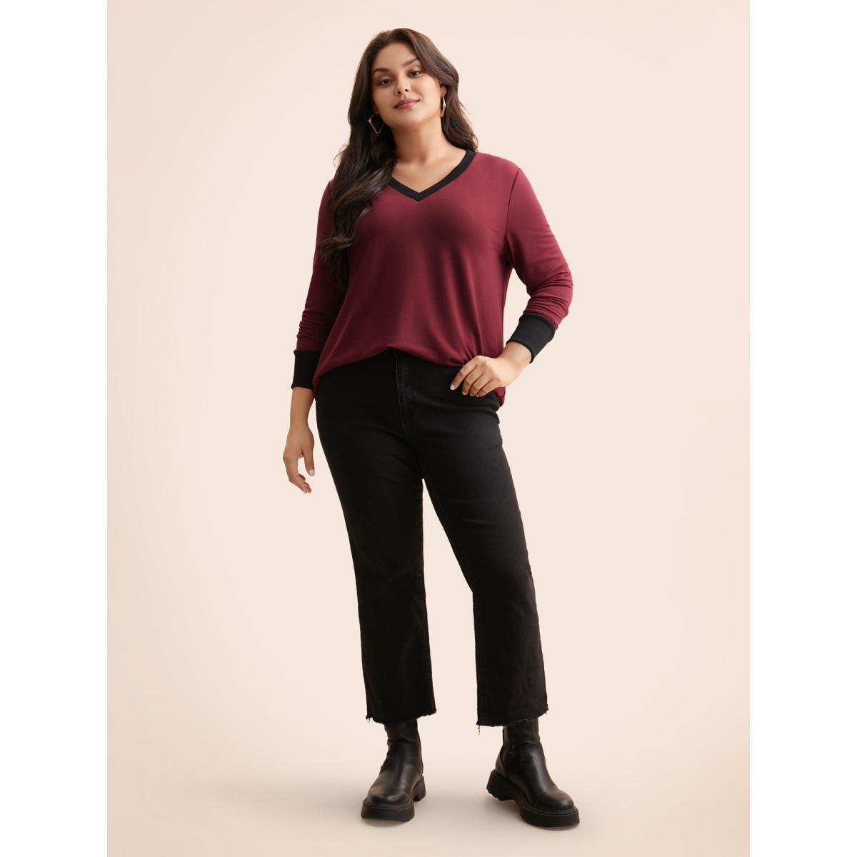 Plus Size V Neck Contrast Patchwork Sweatshirt Women Deepred Casual Contrast V-neck Everyday Sweatshirts BloomChic 28/5X Product Image