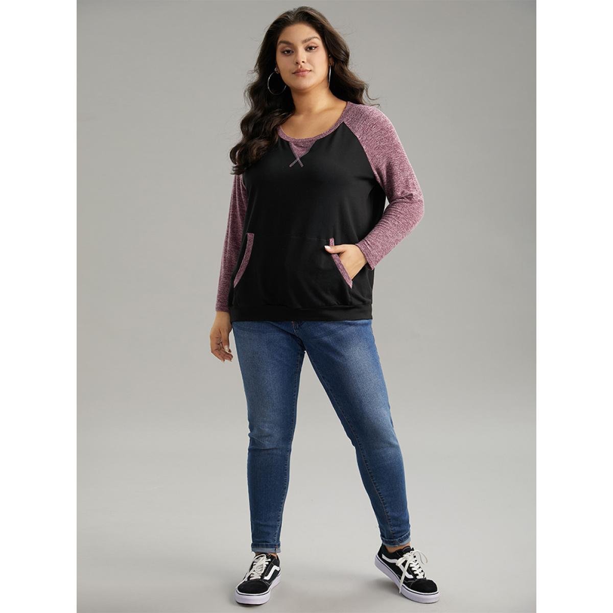 Plus Size Heather Stitch Pocket Raglan Sleeve Sweatshirt Women Black Casual Contrast Round Neck Dailywear Sweatshirts BloomChic 14-16/1X Product Image