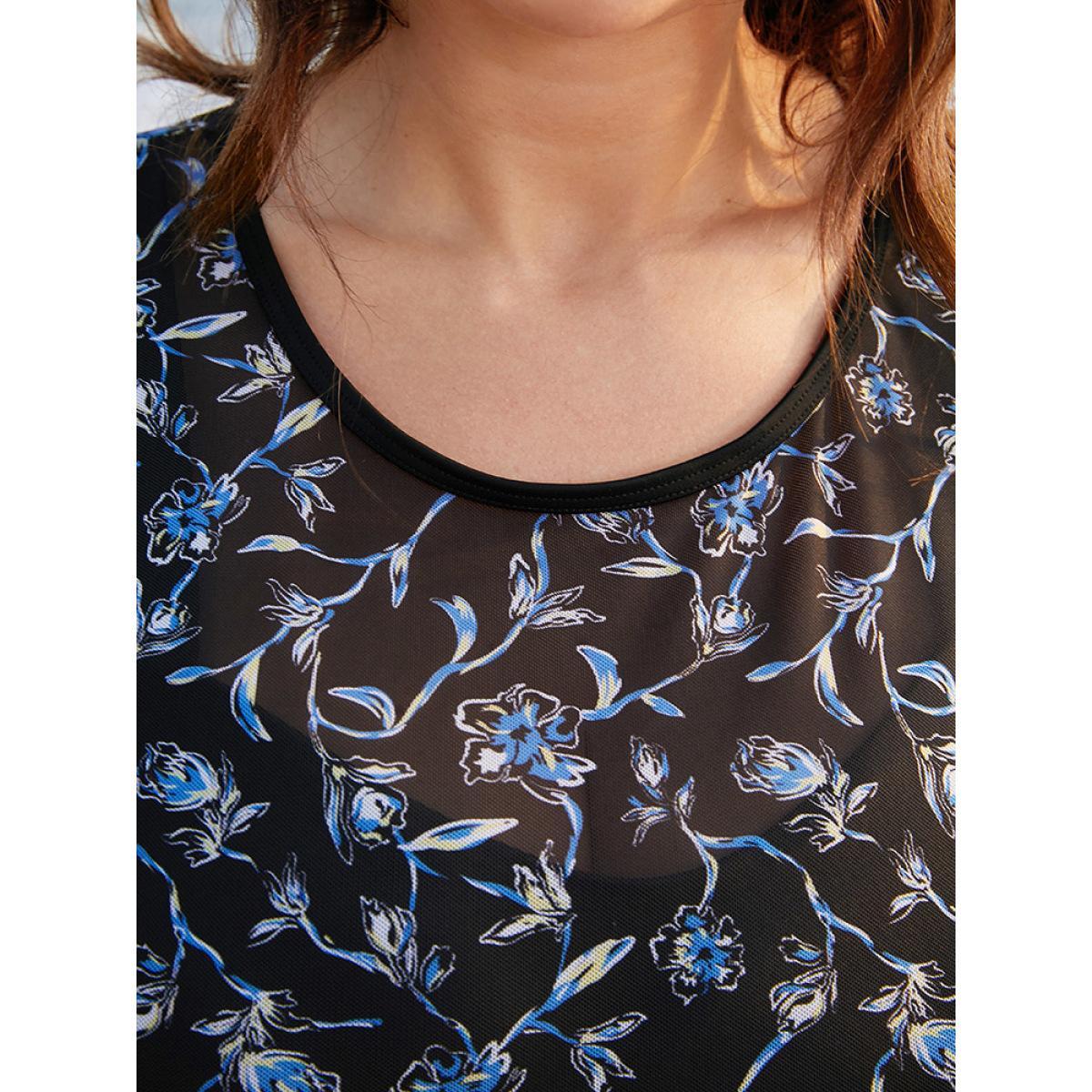 Plus Size Ditsy Floral Ruffle Sleeve Cut Out Swim Dress Women's Swimwear BlackFlower Beach Bodycon Round Neck High stretch Curve Swim Dresses BloomChic 12/L Product Image