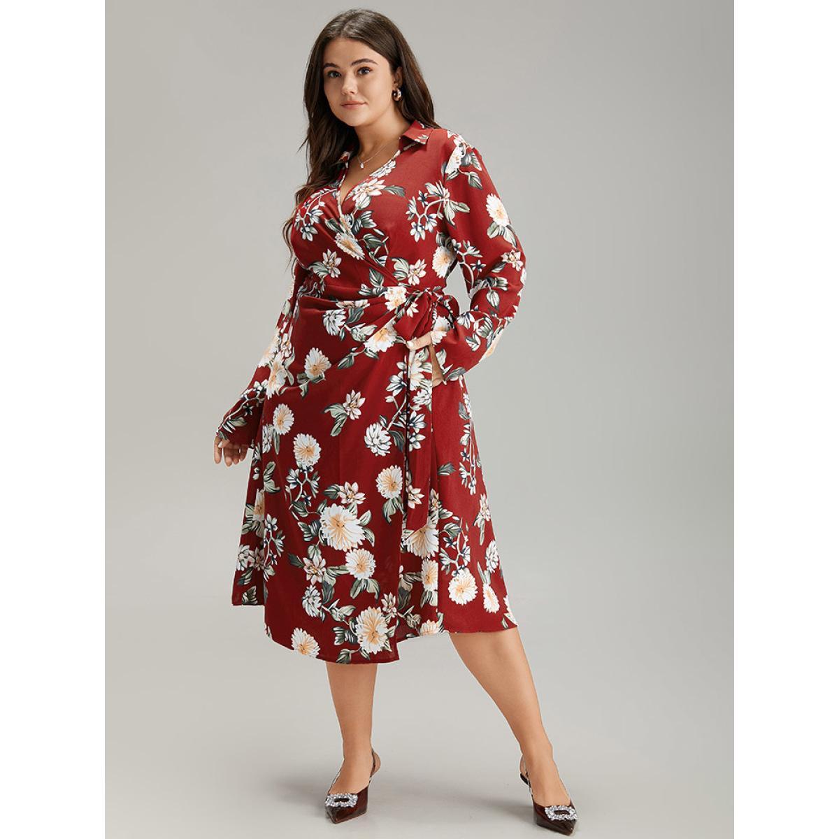 Plus Size Floral Print Knotted Shirt Collar Dress Scarlet Women Elegant Printed V-neck Long Sleeve Curvy Midi Dress BloomChic 12/L Product Image