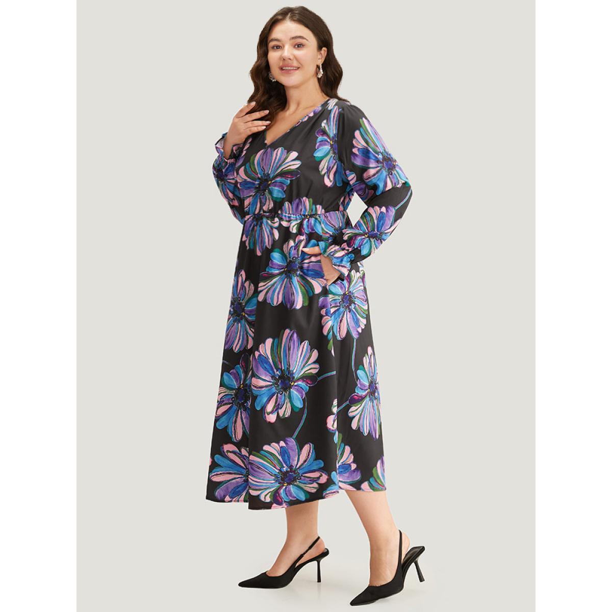 Plus Size Floral Print Flutter Trim Dress Black Women Office Printed V-neck Long Sleeve Curvy Midi Dress BloomChic 12/L Product Image