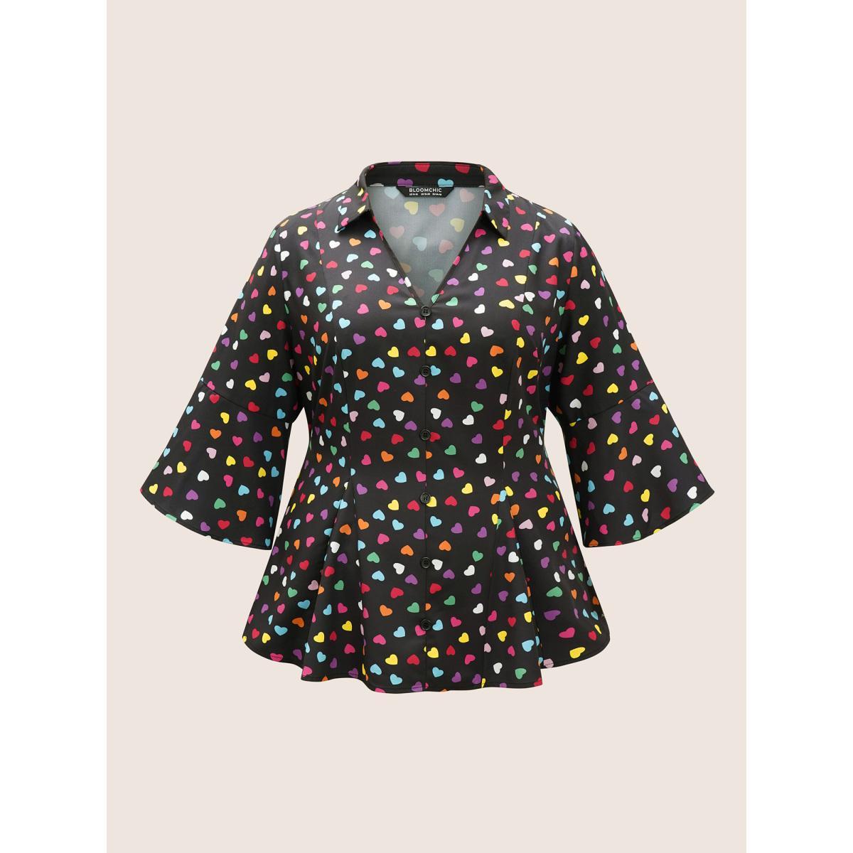 Plus Size Black Colour Heart Print Bell Sleeve Blouse Women Elegant Elbow-length sleeve Shirt collar Everyday Blouses BloomChic 14-16/1X Product Image
