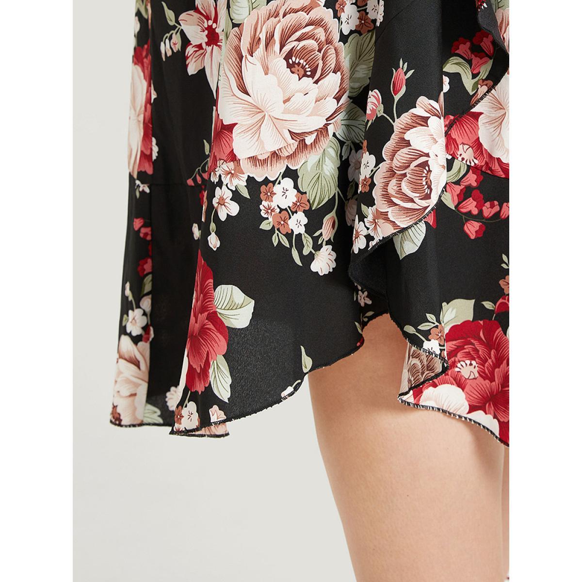 Plus Size Floral Print Pocket Asymmetrical Hem Cold Shoulder Dress Black Women Elegant Elastic Waist Cold Shoulder Short sleeve Curvy Midi Dress BloomChic 30/6X Product Image