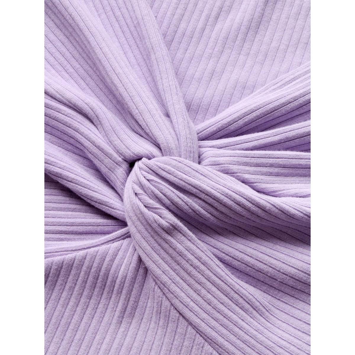 Plus Size Plain Textured Rib Knit Twist Front T-shirt Lilac Women Elegant Twist V-neck Bodycon Everyday T-shirts BloomChic 18-20/2X Product Image