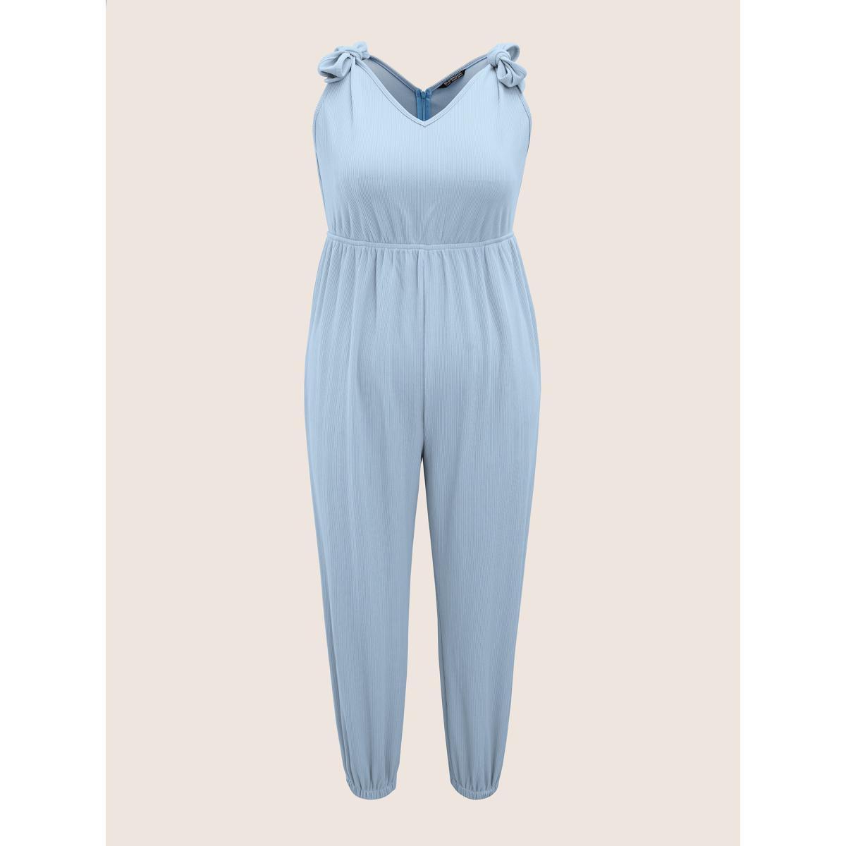 Plus Size LightBlue Solid Tie Knot Pit Strip Jumpsuit Women Casual Sleeveless V-neck Everyday Loose Jumpsuits BloomChic 12/L Product Image