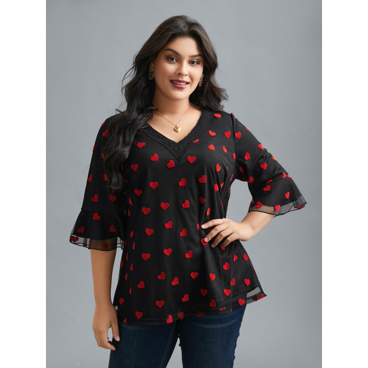 Plus Size Black V-Neck Hearts Mesh Lace Detailing Blouse Women Elegant Elbow-length sleeve V-neck Everyday Blouses BloomChic 10/M Product Image