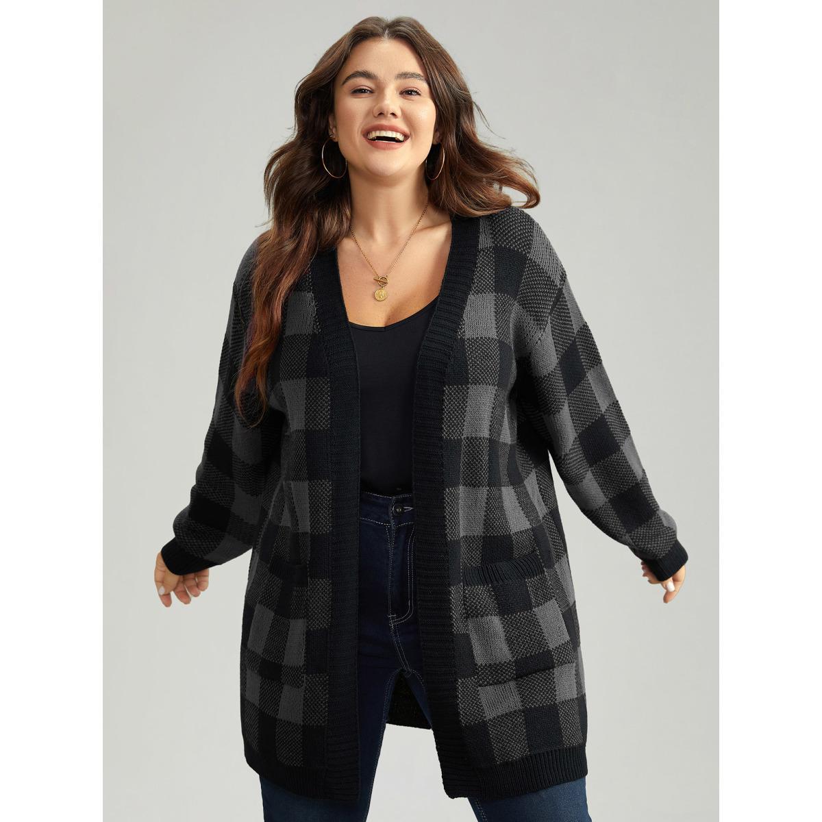 Plus Size Plaid Patched Pocket Loose Cardigan DimGray Women Casual Loose Long Sleeve Everyday Cardigans BloomChic 10/M Product Image