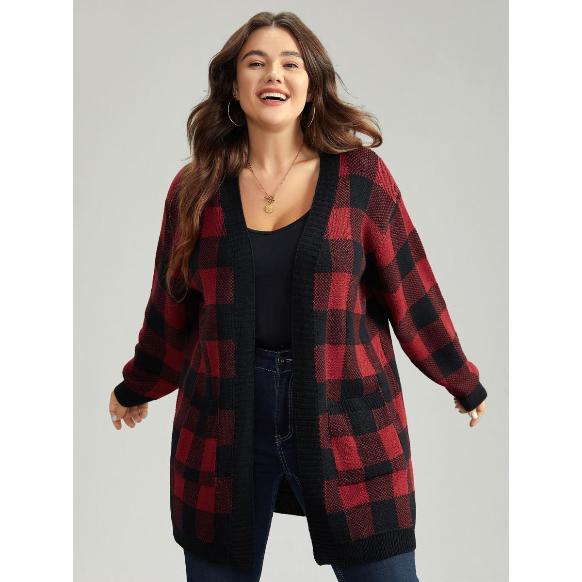 Plus Size Plaid Patched Pocket Loose Cardigan Scarlet Women Casual Loose Long Sleeve Everyday Cardigans BloomChic 10/M Product Image