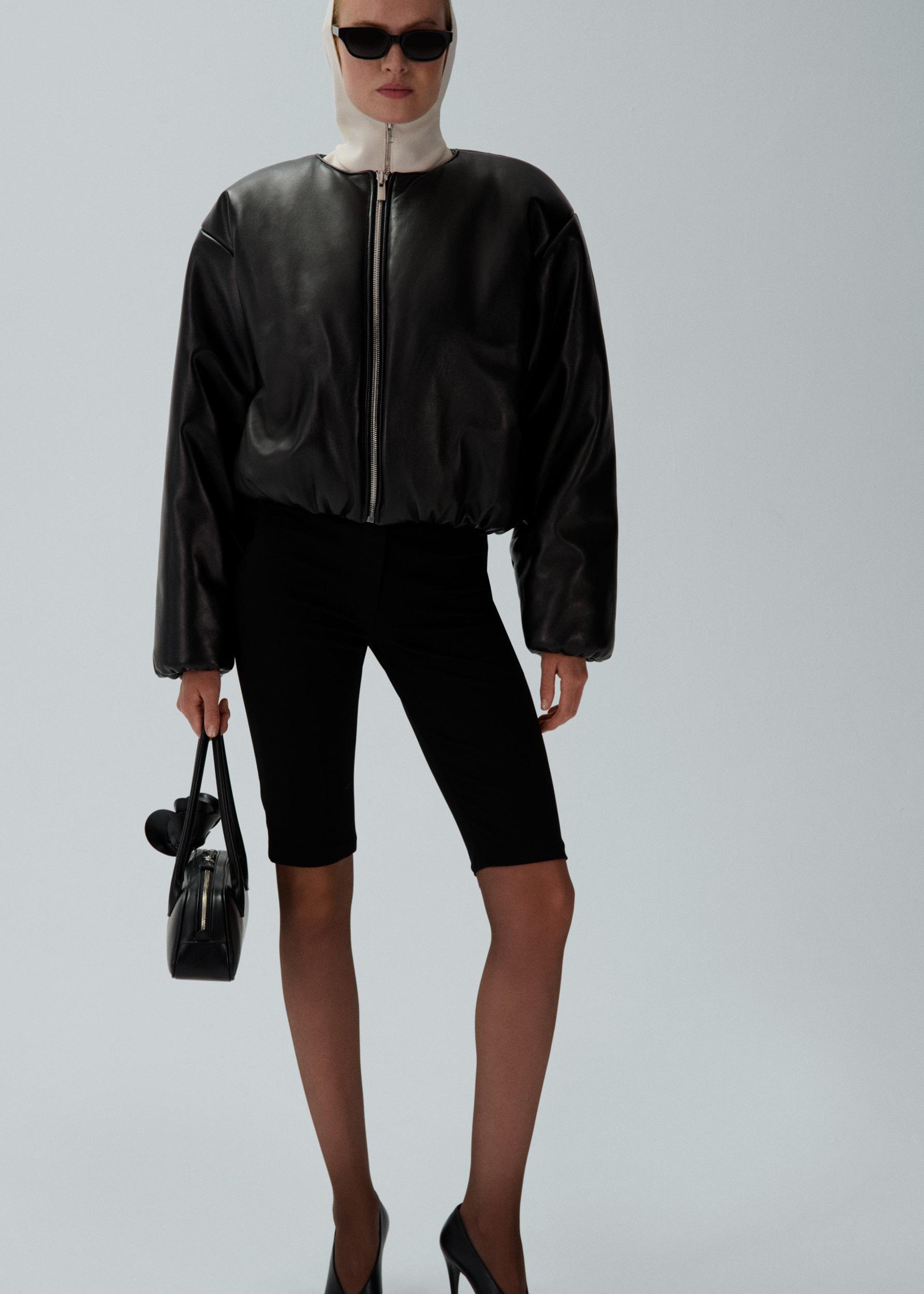 Collarless puffer jacket in black leather Product Image