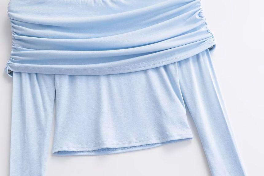 Set: Long Sleeve Off Shoulder Plain Ruched Crop Top + High Rise Maxi A-Line Skirt Product Image