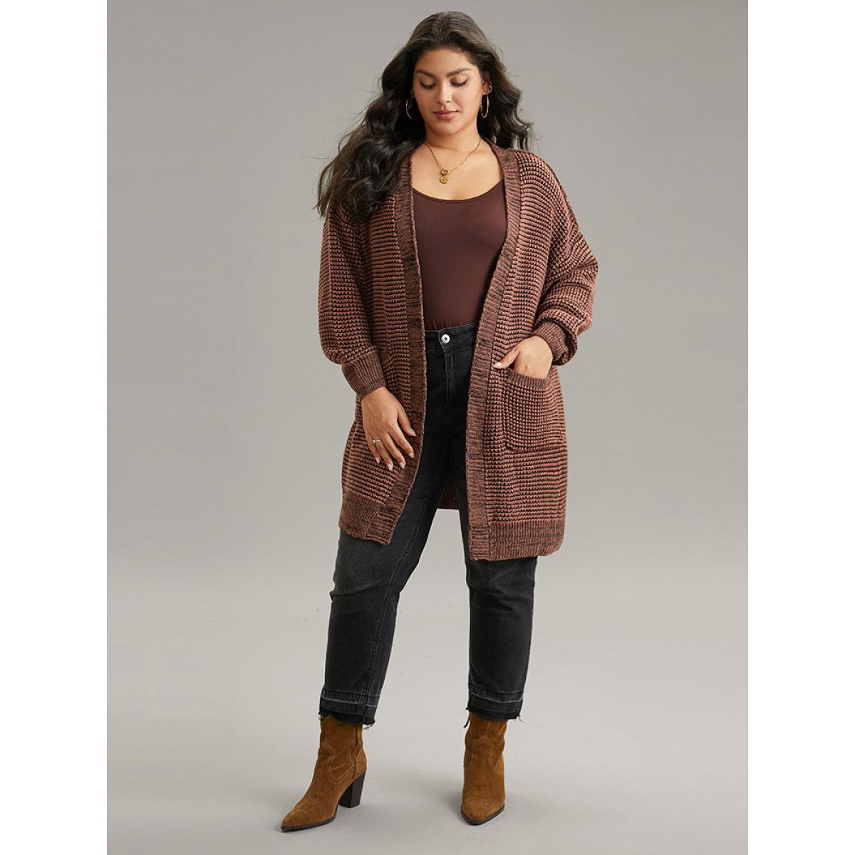 Plus Size Plisse Plain Patched Pocket Tunic Cardigan DarkBrown Women Casual Loose Long Sleeve Dailywear Cardigans BloomChic 28/5X Product Image