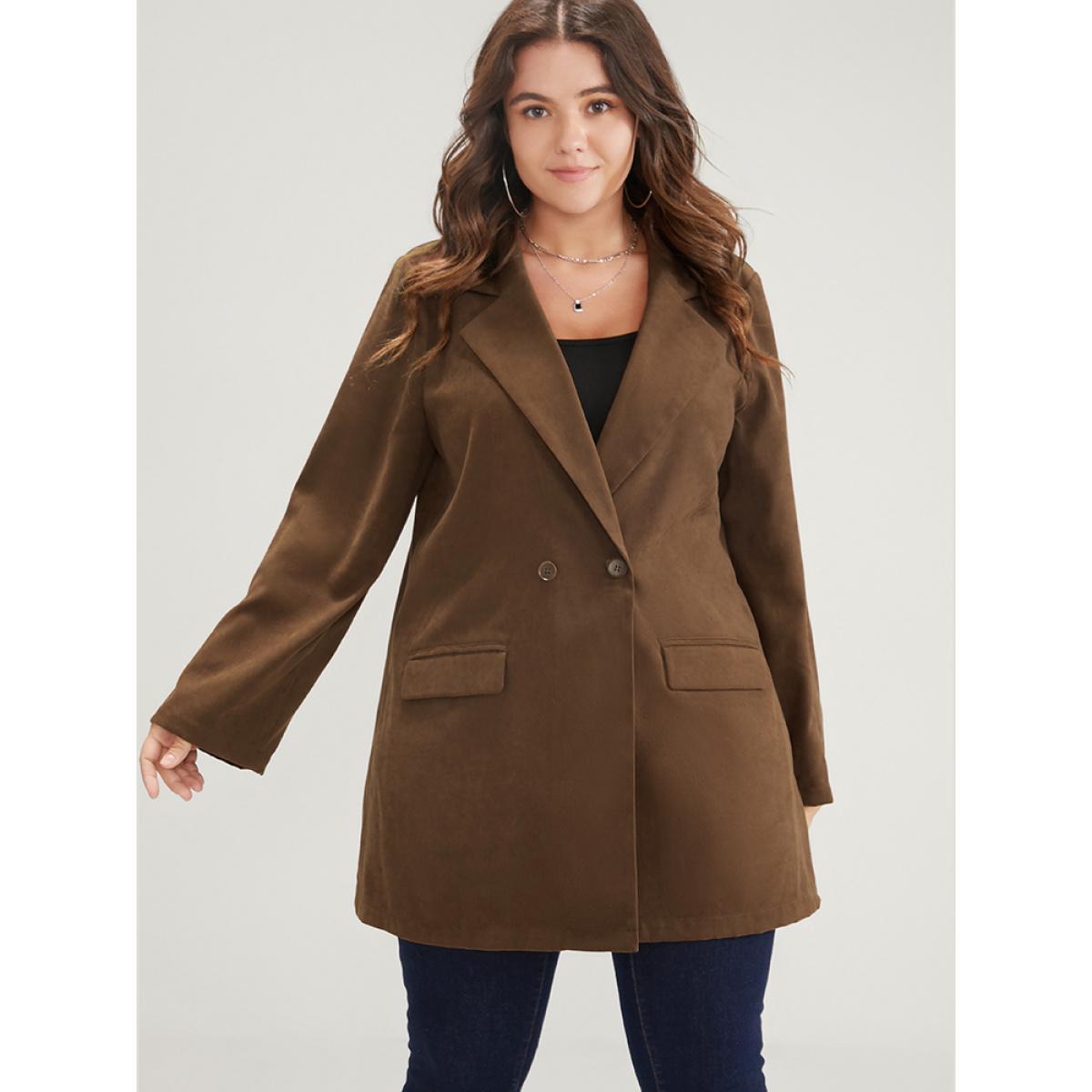 Plus Size Solid Pocket Suit Collar Double Button Blazer Brown Women Dailywear Plain Pocket Sleeve Long Sleeve Suit Collar 28/5X Pocket Casual Blazers BloomChic Product Image