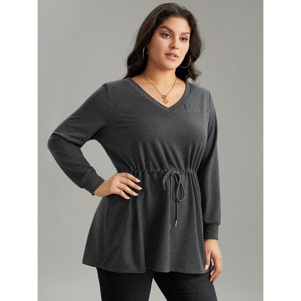 Plus Size V Neck Plain Drawstring Knot Sweatshirt Women Gray Casual Plain V-neck Dailywear Sweatshirts BloomChic 26/4X Product Image