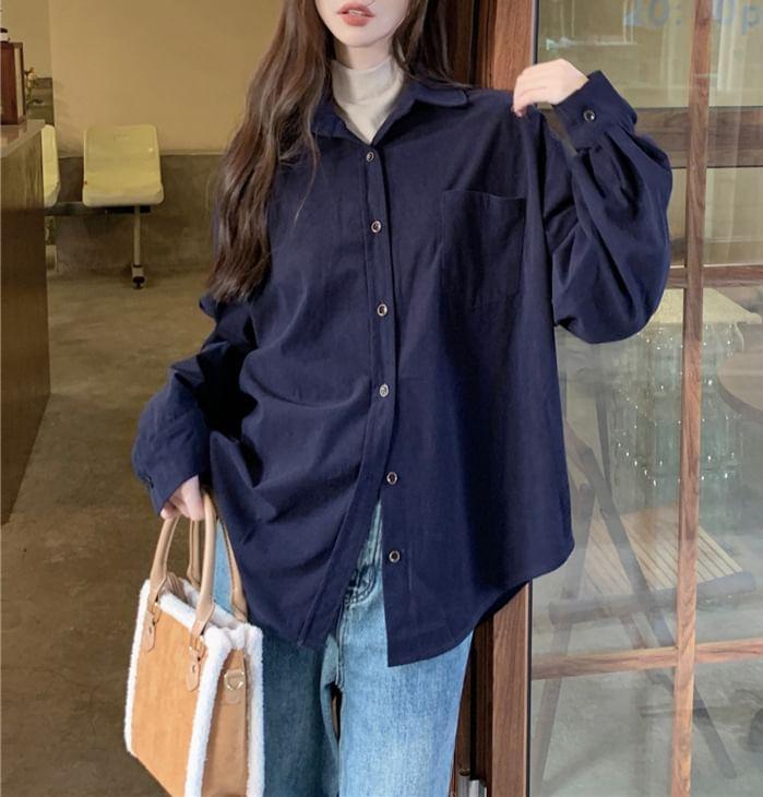 Long-Sleeve Plain Pocket Detail Corduroy Shirt Product Image