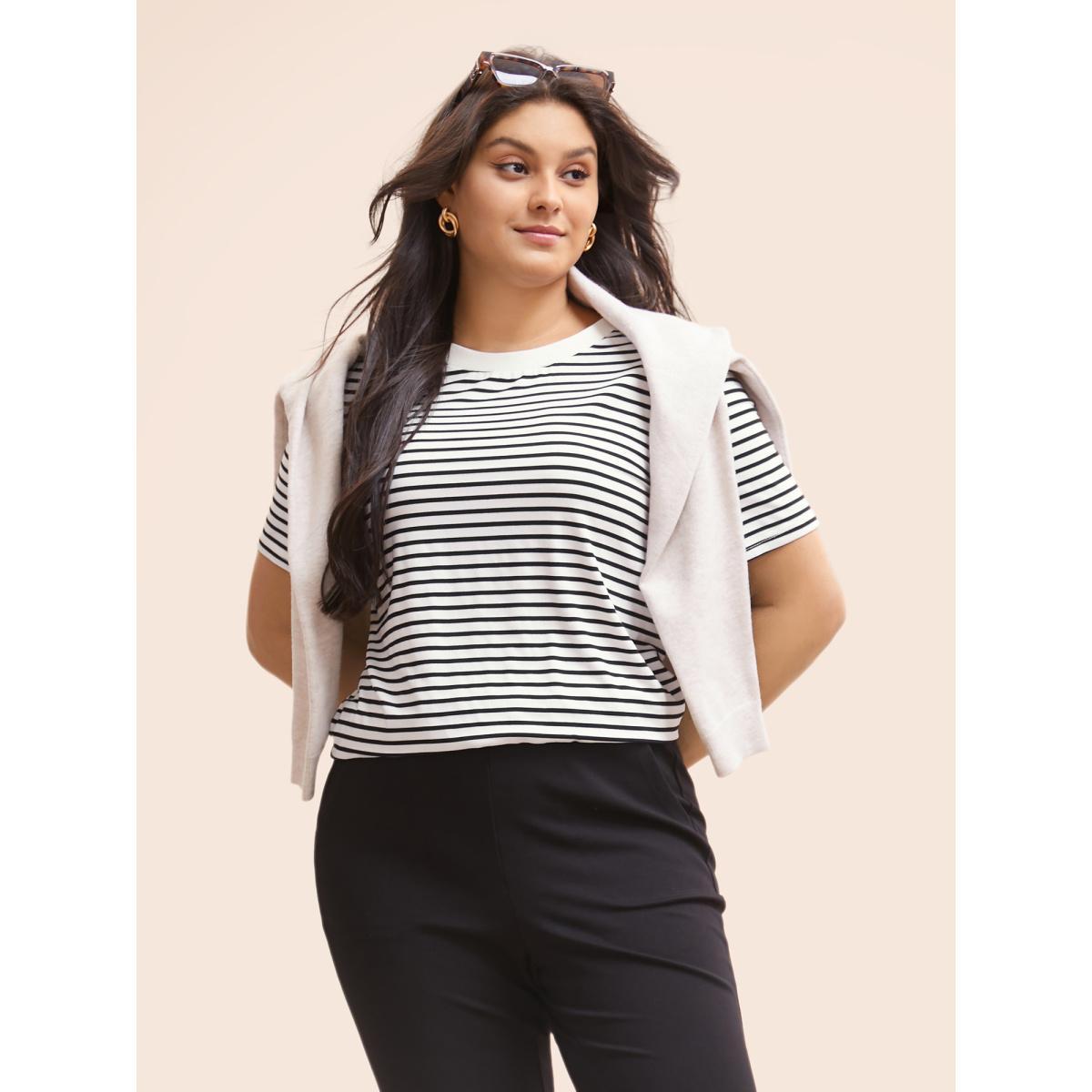 Plus Size Striped Crew Neck Rib Knit T-shirt Originalwhite Women Work From Home Contrast Round Neck Work T-shirts BloomChic 12/L Product Image