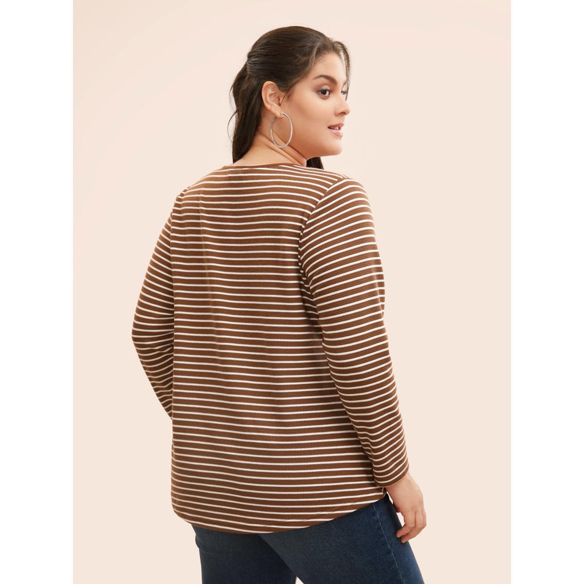 Plus Size Striped Textured Button Up T-shirt Browncoffeecolor Women Casual Button Round Neck Everyday T-shirts BloomChic 30/6X Product Image