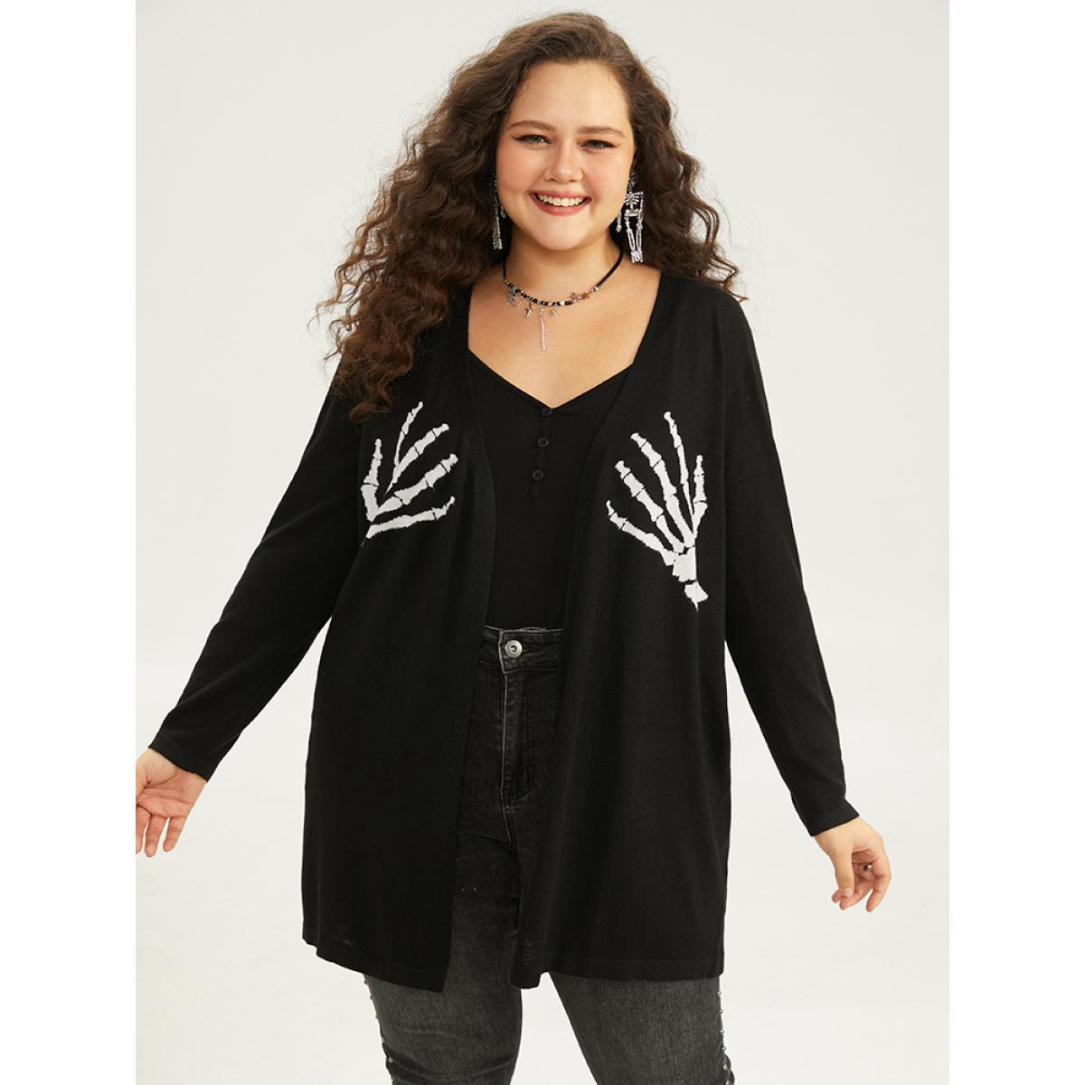 Plus Size Supersoft Essentials Halloween Skull Print Open Front Cardigan Black Women Casual Long Sleeve Festival-Halloween Cardigans BloomChic 14-16/1X Product Image
