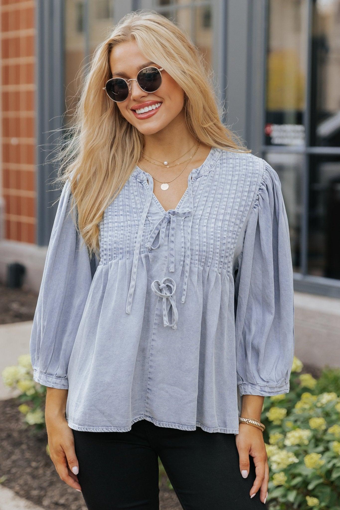 Denim Tie Detail Textured Top - FINAL SALE Female Product Image