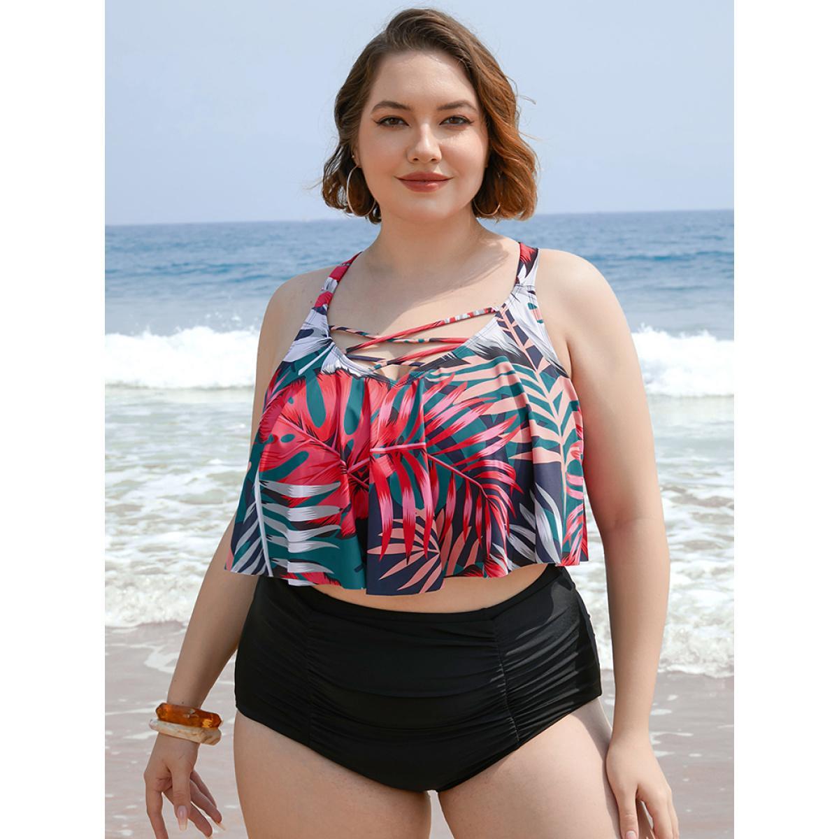 Plus Size Leaf Print Contrast Ruffle Crisscross Front Tankini Top Women's Swimwear Indigo Vacation Adjustable Straps High stretch Bodycon V-neck Curve Swim Tops BloomChic 30/6X Product Image