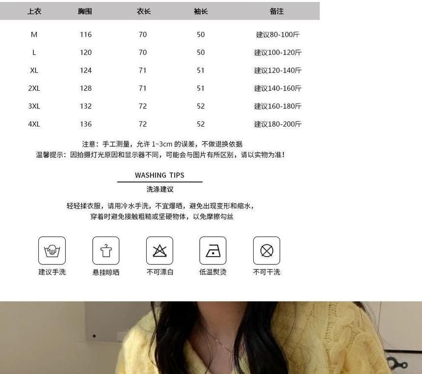 Long-Sleeve V-Neck Plain Cable Knit Sweater Product Image