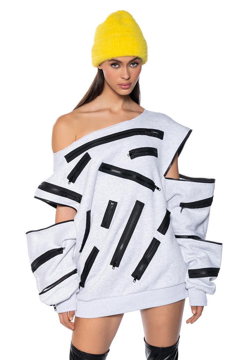 ZIP ZAP OFF THE SHOULDER SWEATSHIRT DRESS-GREY MULTI Product Image