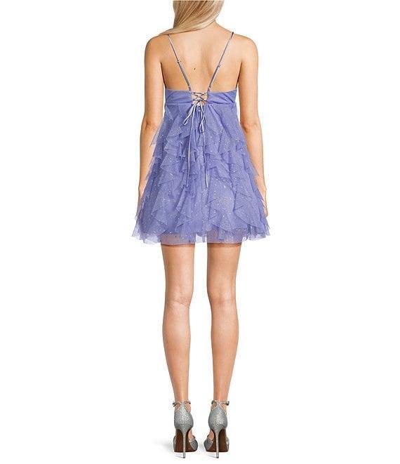 Pear Culture Glitter Mesh V-Neck Empire Waist Spaghetti Strap Star Dress Product Image