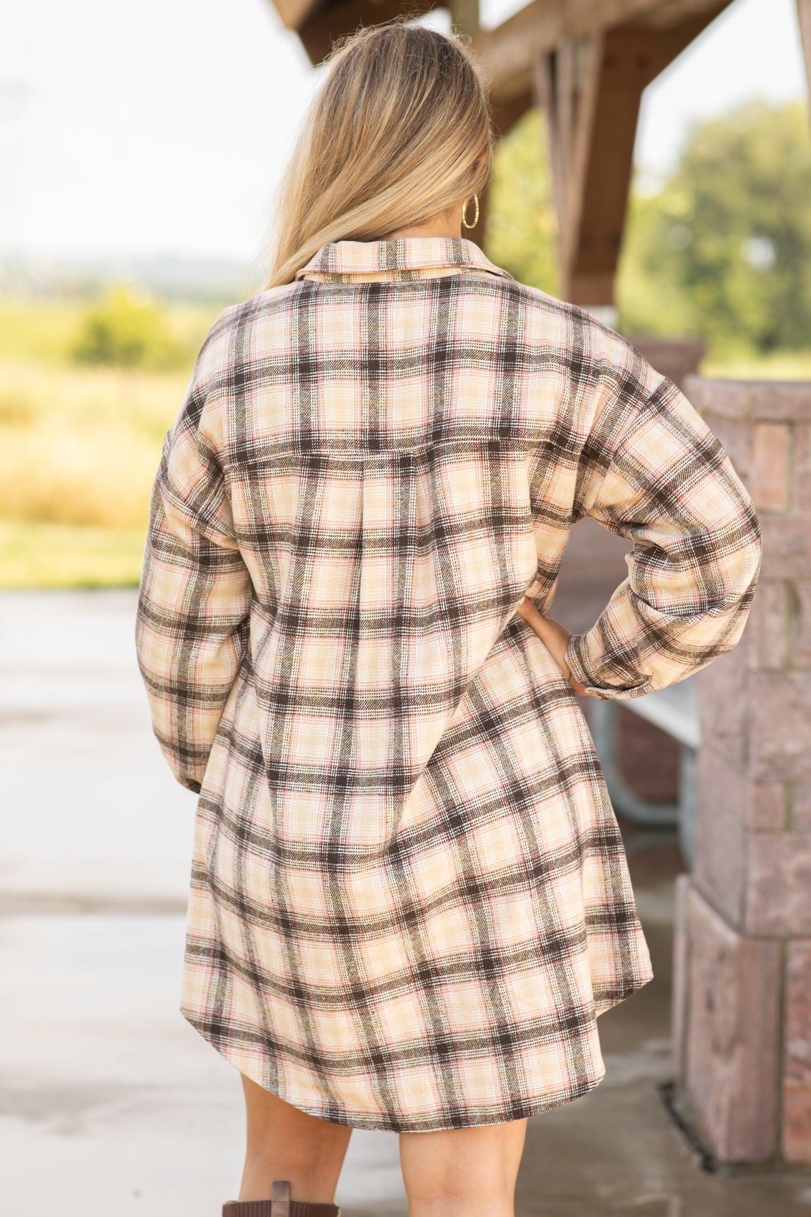Brown and Tan Plaid Shirt Dress Product Image