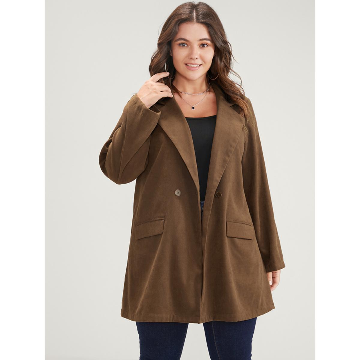Plus Size Solid Pocket Suit Collar Double Button Blazer Brown Women Dailywear Plain Pocket Sleeve Long Sleeve Suit Collar 28/5X Pocket Casual Blazers BloomChic Product Image