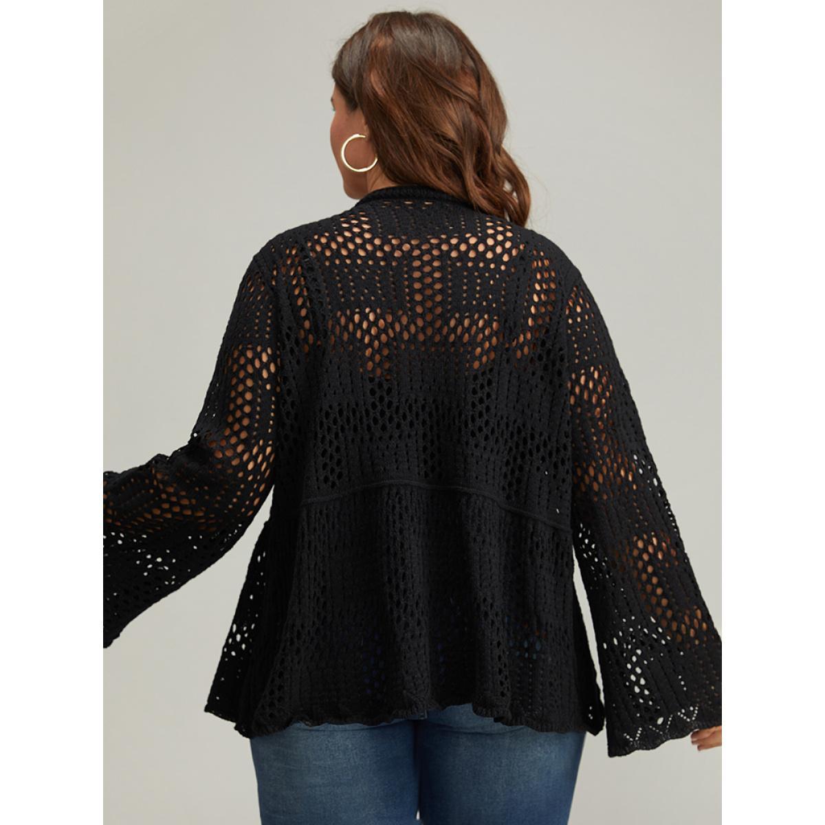 Plus Size Plain Hollow Out Button Through Bell Sleeve Cardigan Black Women Casual Loose Long Sleeve Everyday Cardigans BloomChic 22-24/3X Product Image
