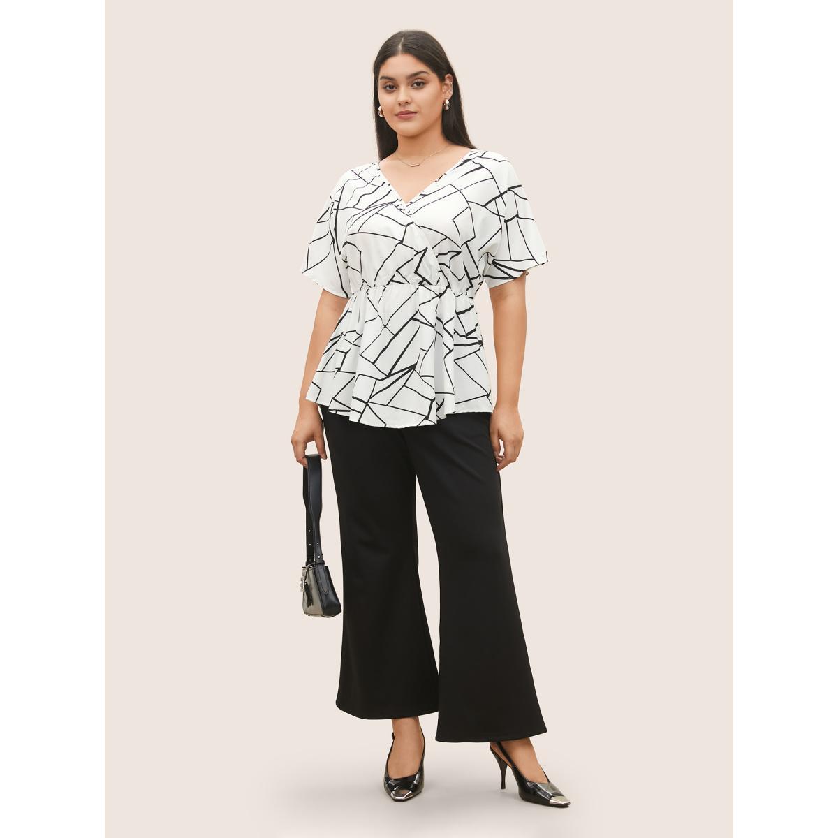 Plus Size Ivory Geometric Overlap Collar Ruffle Sleeve Blouse Women At the Office Short sleeve Overlap Collar Work Blouses BloomChic 12/L Product Image
