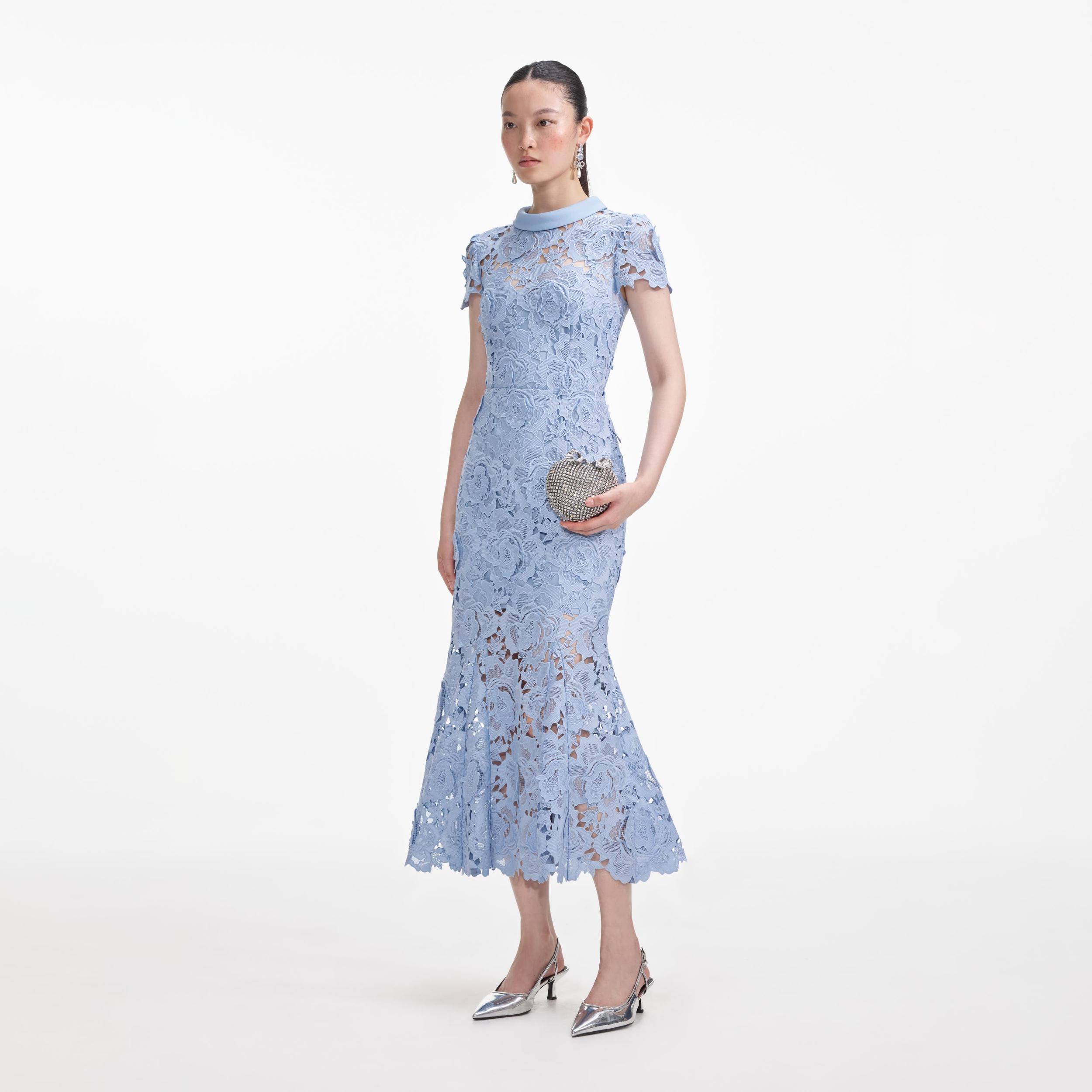 Blue Flower Lace Contrast Collar Midi Dress Product Image