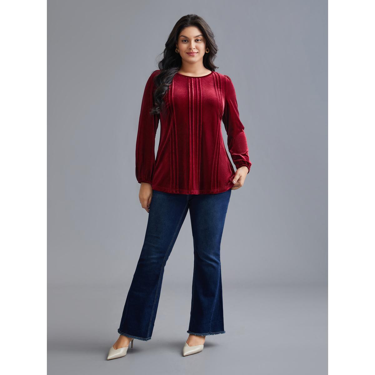Plus Size Scarlet Plain Round Neck Gathered Velvet Blouse Women Elegant Long Sleeve Round Neck Everyday Blouses BloomChic 30/6X Product Image
