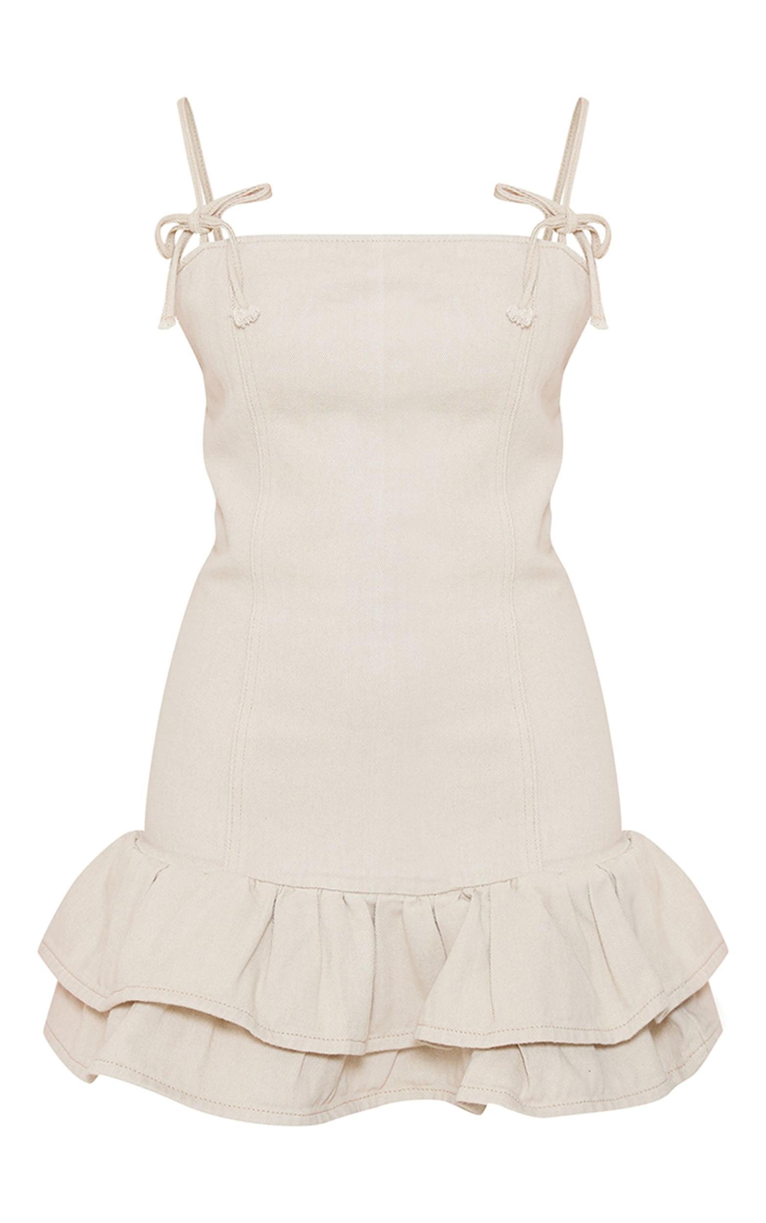Stone Bow Detail Puffball Denim Mini Dress Product Image
