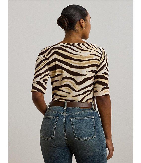 Lauren Ralph Lauren Plus Size Stretch Cotton Zebra Boat Neck Elbow Sleeve Tee Product Image